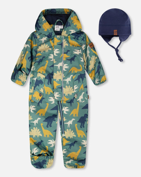 Baby Mid-Season One-Piece Outerwear With Hat Green Dinosaur Print-0