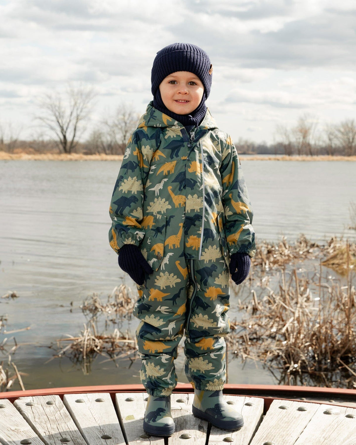 Baby Mid-Season One-Piece Outerwear With Hat Green Dinosaur Print-2