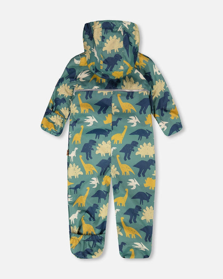 Baby Mid-Season One-Piece Outerwear With Hat Green Dinosaur Print-4
