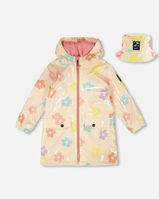 Rain Coat And Hat Set Beige Printed Flowers-0