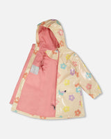 Rain Coat And Hat Set Beige Printed Flowers-1