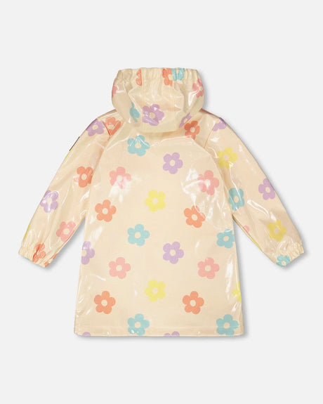 Rain Coat And Hat Set Beige Printed Flowers-2