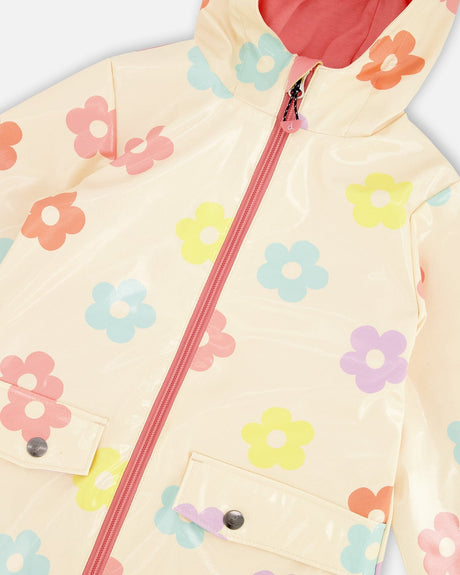 Rain Coat And Hat Set Beige Printed Flowers-3