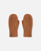 Ribbed Knit Mittens Brown-0