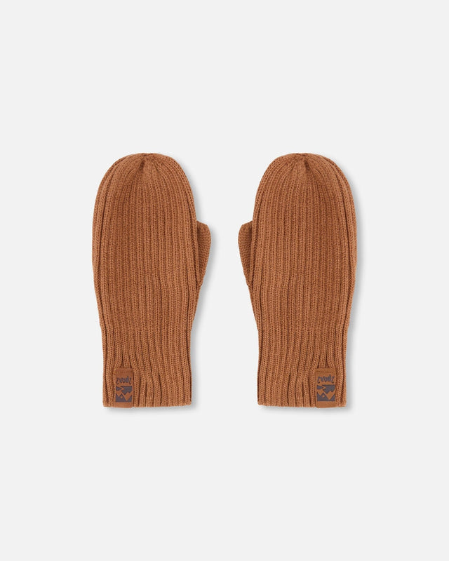 Ribbed Knit Mittens Brown-0