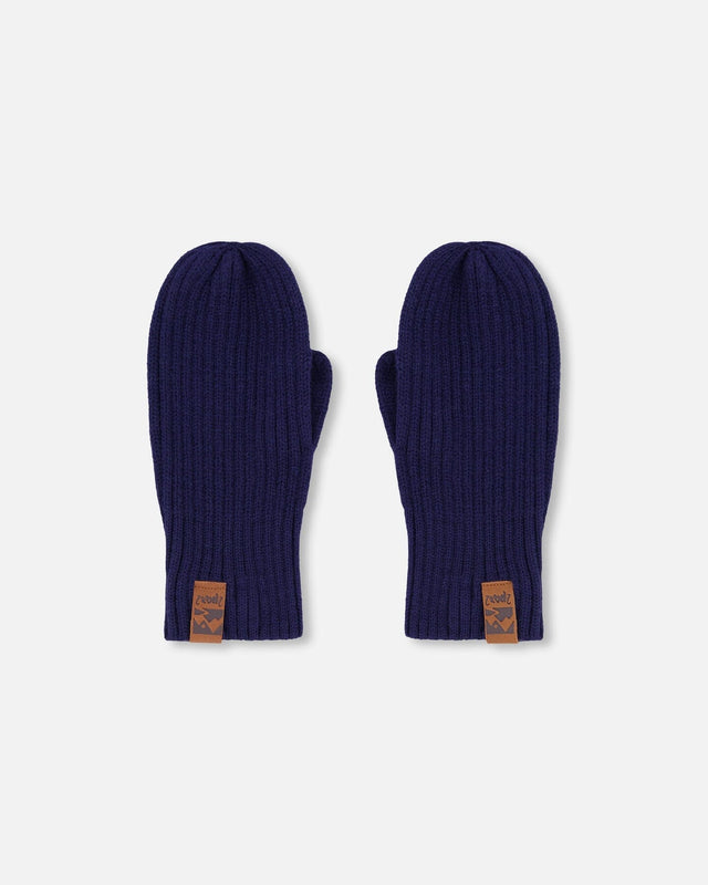 Ribbed Knit Mittens Navy Blue-0