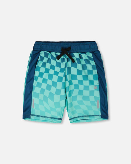 Athletic Shorts In Recycled Polyester Teal Printed Checkerboard-0