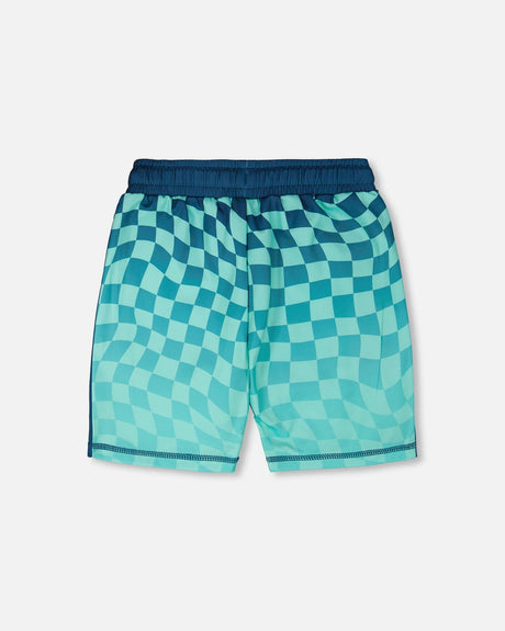 Athletic Shorts In Recycled Polyester Teal Printed Checkerboard-1
