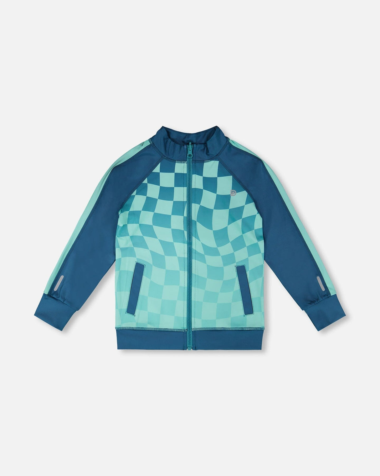 Full Zip Athletic Cardigan In Recycled Polyester Teal Printed Checkerboard-0