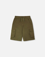 Stretch Twill Bermuda With Cargo Pockets Dark Khaki Green-0