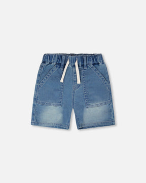 French Terry Light Blue Denim Shorts-0