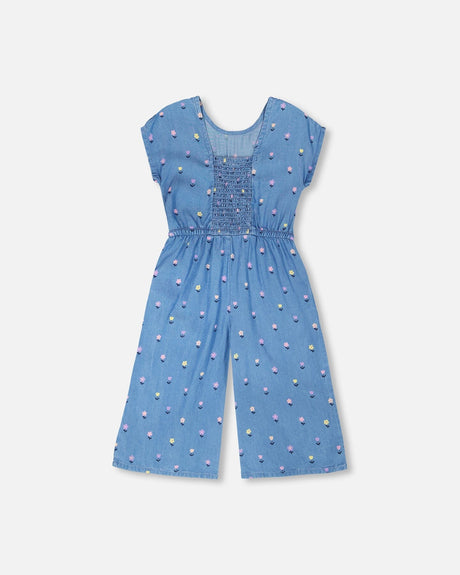 Chambray Jumpsuit Blue Flower Print-0