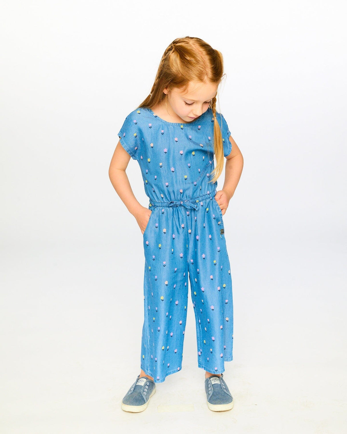 Chambray Jumpsuit Blue Flower Print-1