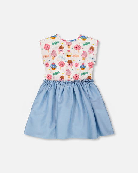 Bi-Material Dress White Candy Print-2