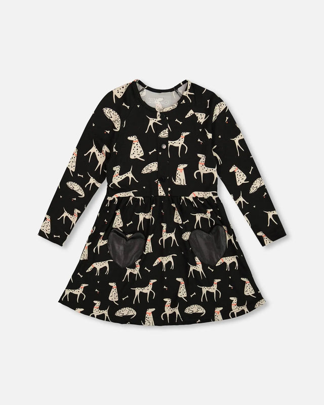 Half Button Jersey Dress Black Dalmatian Print | Deux par Deux | Jenni Kidz