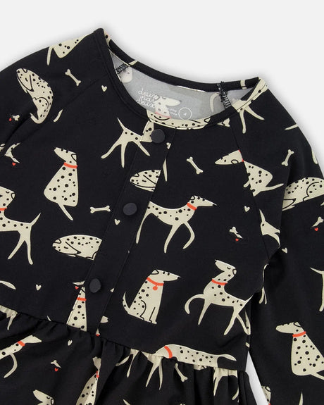 Half Button Jersey Dress Black Dalmatian Print | Deux par Deux | Jenni Kidz