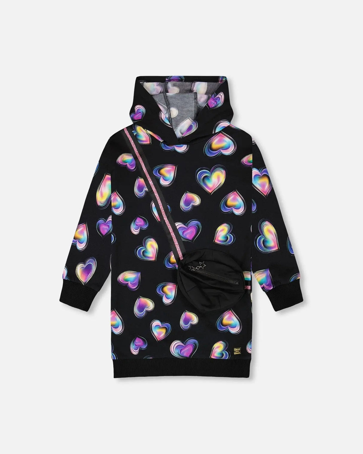 Hooded Fleece Dress Black And Multicolor With Trompe-L’Œil Bag Detail | Deux par Deux | Jenni Kidz