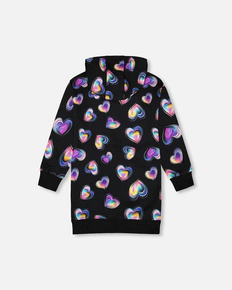 Hooded Fleece Dress Black And Multicolor With Trompe-L’Œil Bag Detail | Deux par Deux | Jenni Kidz