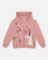 Hooded Knit Cardigan Dusty Pink With Unicorn Intarsia | Deux par Deux | Jenni Kidz