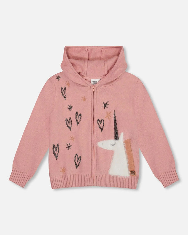 Hooded Knit Cardigan Dusty Pink With Unicorn Intarsia | Deux par Deux | Jenni Kidz