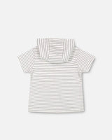 Hooded T-Shirt White And Grey Stripe | Deux par Deux | Jenni Kidz