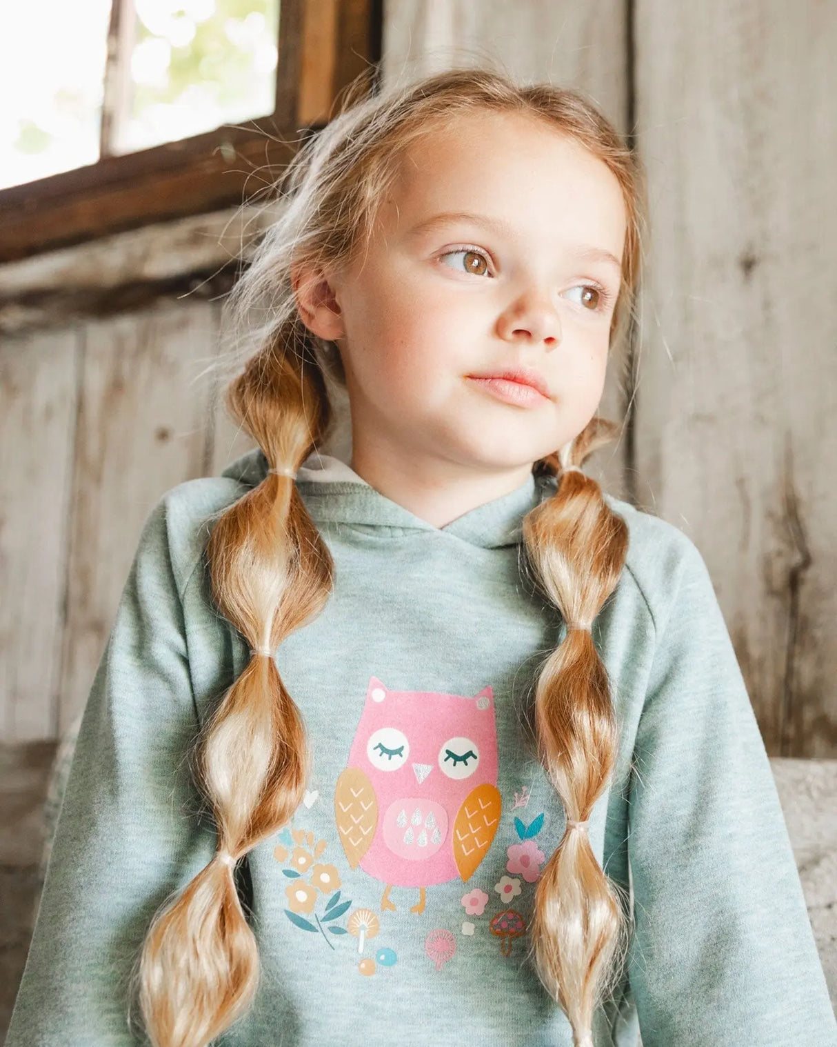 Hooded Tunic Sage Green With Owl Print | Deux par Deux | Jenni Kidz