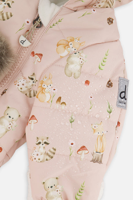 Deux par Deux baby girls' one-piece car-seat snowsuit, pink animal print, further studio view