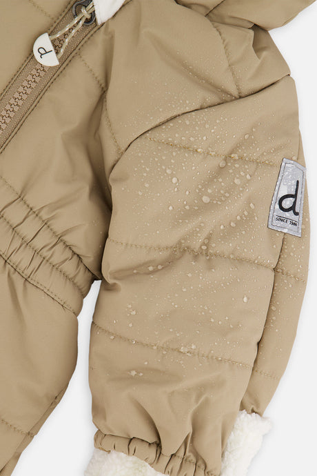Deux par Deux baby one-piece car-seat snowsuit in taupe, further studio view