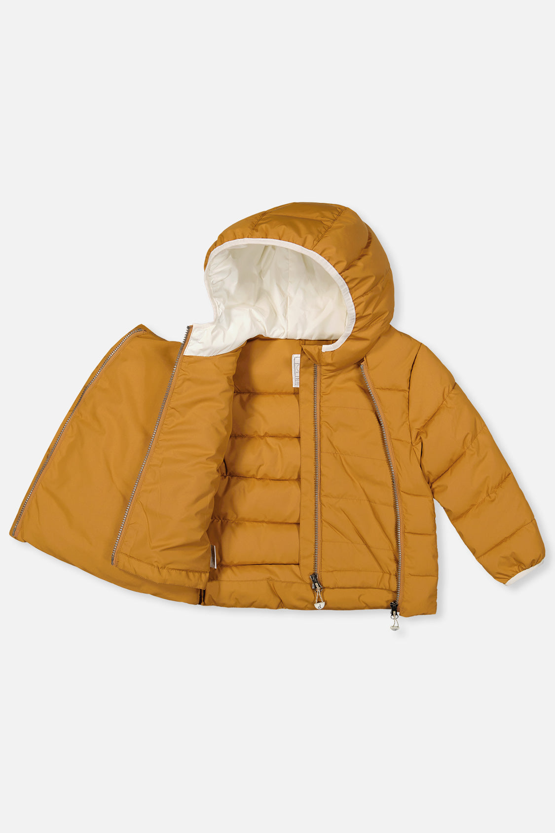 Brown sugar car seat jacket opened to show the inner front zipper and lining