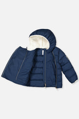 Dark blue car seat jacket opened to show the inner front zipper and lining