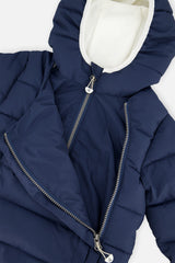 Close-up of the dark blue jacket front panel unzipped for car seat use