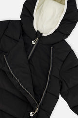 Close-up of the black jacket front panel unzipped for car seat use