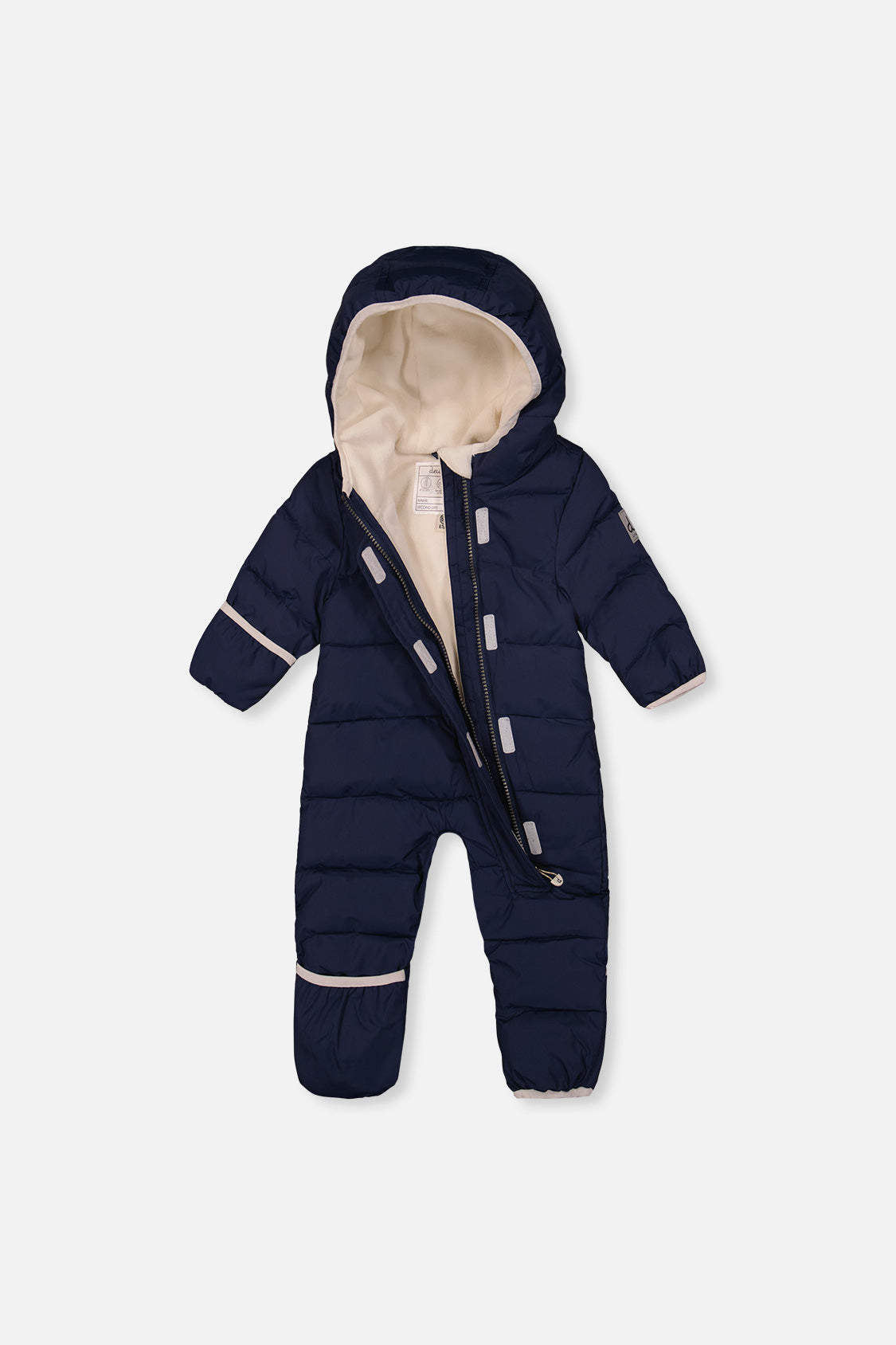 Dark blue Baby Cloud snowsuit unzipped to show the light fleece lining
