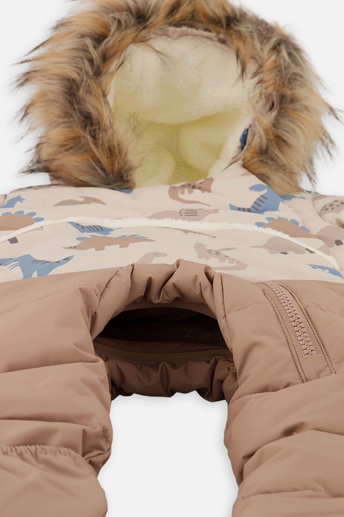 Deux par Deux baby boys' SNUG car-seat snowsuit in blue dinosaur print, another studio view