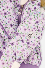 Deux par Deux baby girls' SNUG car-seat snowsuit, purple mini-flower print, further studio view