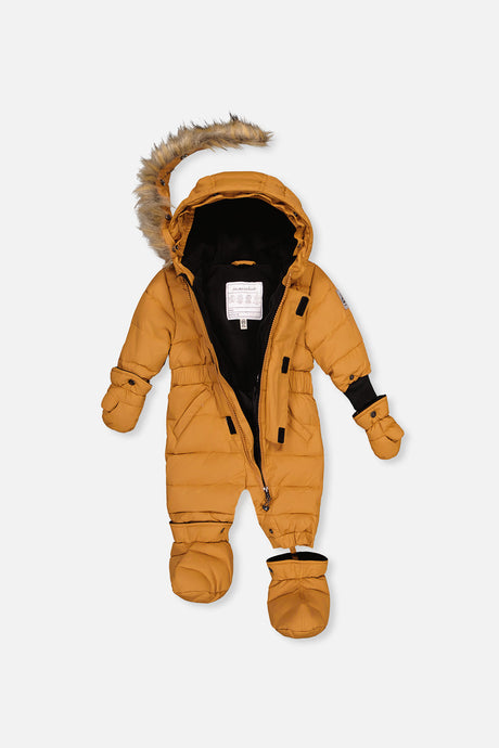 Brown Sugar snowsuit opened with the hood folded back, showing the lining