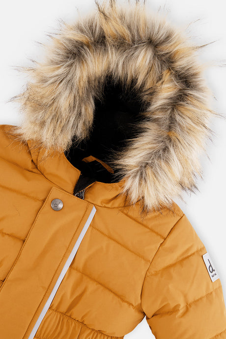 Close-up of the Brown Sugar snowsuit hood with removable faux-fur trim