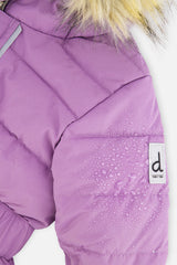 Deux par Deux baby girls' ORIGINAL puffy one-piece snowsuit in violet, further studio view