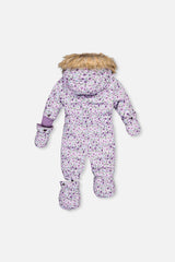 Baby Original One Piece Puffy Snowsuit With Removable Mittens And Boots Purple Printed Mini Flowers-4