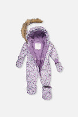 Deux par Deux Baby Original One Piece Puffy Snowsuit With Removable Mittens And Boots Purple Printed Mini Flowers