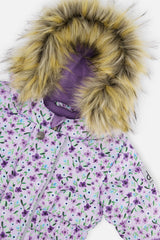 Deux par Deux Baby Original One Piece Puffy Snowsuit With Removable Mittens And Boots Purple Printed Mini Flowers