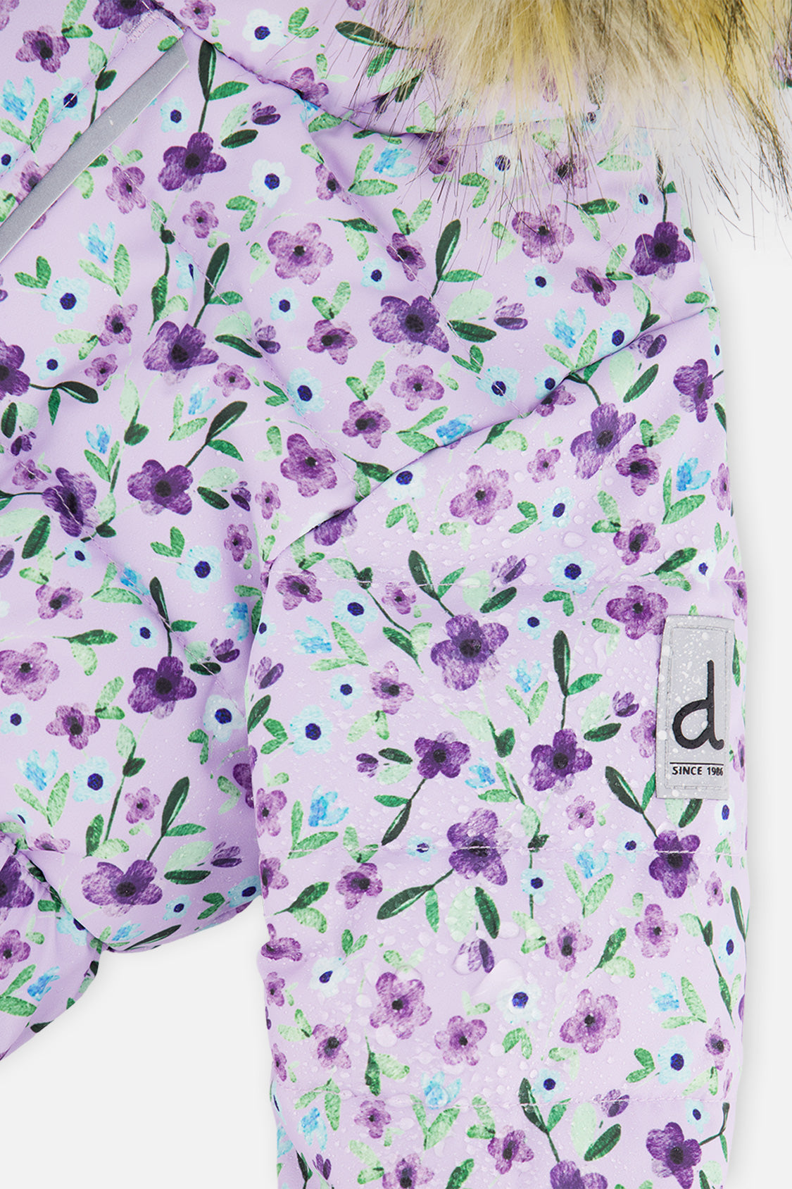 Deux par Deux Baby Original One Piece Puffy Snowsuit With Removable Mittens And Boots Purple Printed Mini Flowers