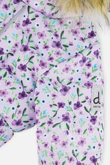 Deux par Deux Baby Original One Piece Puffy Snowsuit With Removable Mittens And Boots Purple Printed Mini Flowers