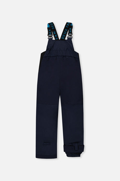 Deux par Deux boys DISCOVER snowsuit, bright blue and navy – navy snow bib pants, back view