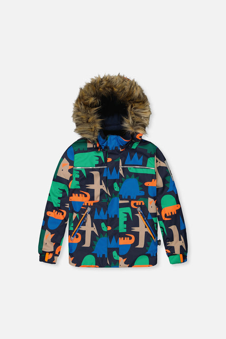 Deux par Deux boys' DISCOVER two-piece snowsuit in Blue Dinosaur Print, back view