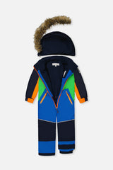 Deux par Deux boys' DISCOVER one-piece snowsuit in blue, green and orange, alternate view