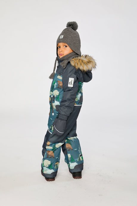 Child wearing the Deux par Deux blue bear print DISCOVER one-piece snowsuit, lookbook photo 3