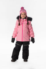 Girl standing in the pink and black Deux par Deux DISCOVER snowsuit, full-length front view