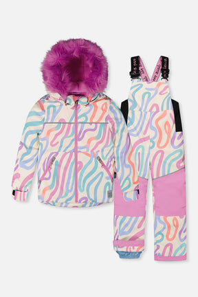Deux par Deux girls DISCOVER multicolored cat line print snowsuit set