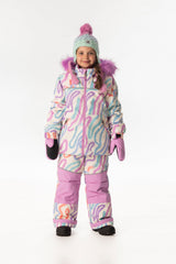Child wearing the multicolored line print Deux par Deux DISCOVER snowsuit, full-length front view